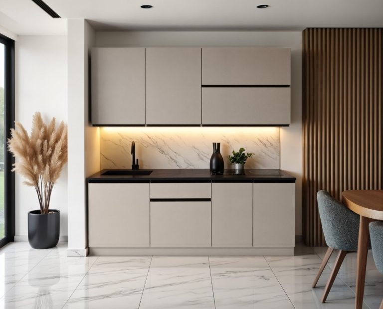 Compact κουζίνα με minimal cabinetry και ξύλινη επένδυση