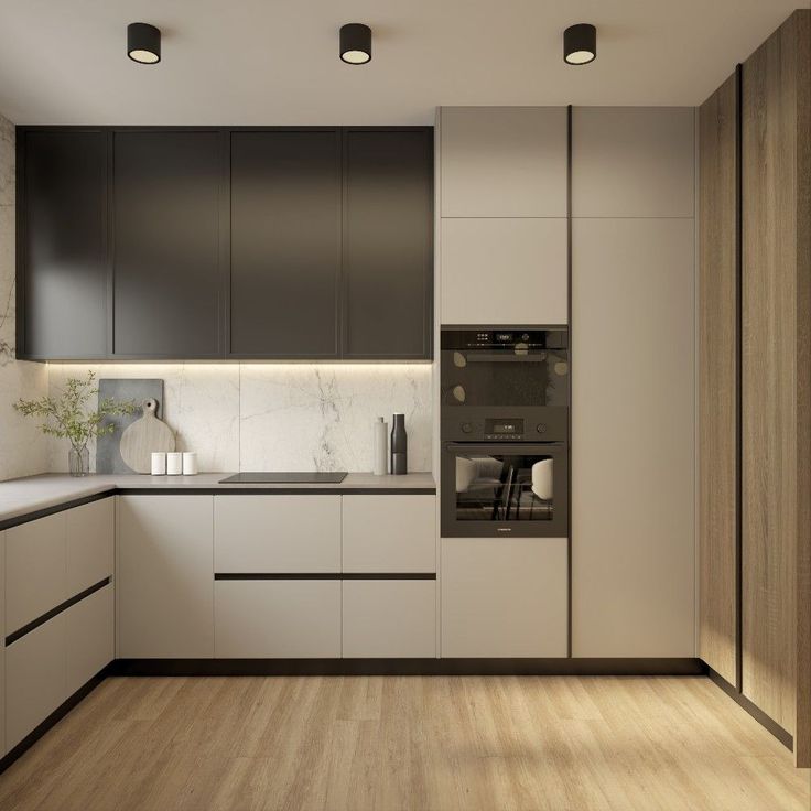 Minimal γωνιακή κουζίνα με δίχρωμα ντουλάπια και ενσωματωμένο φωτισμό