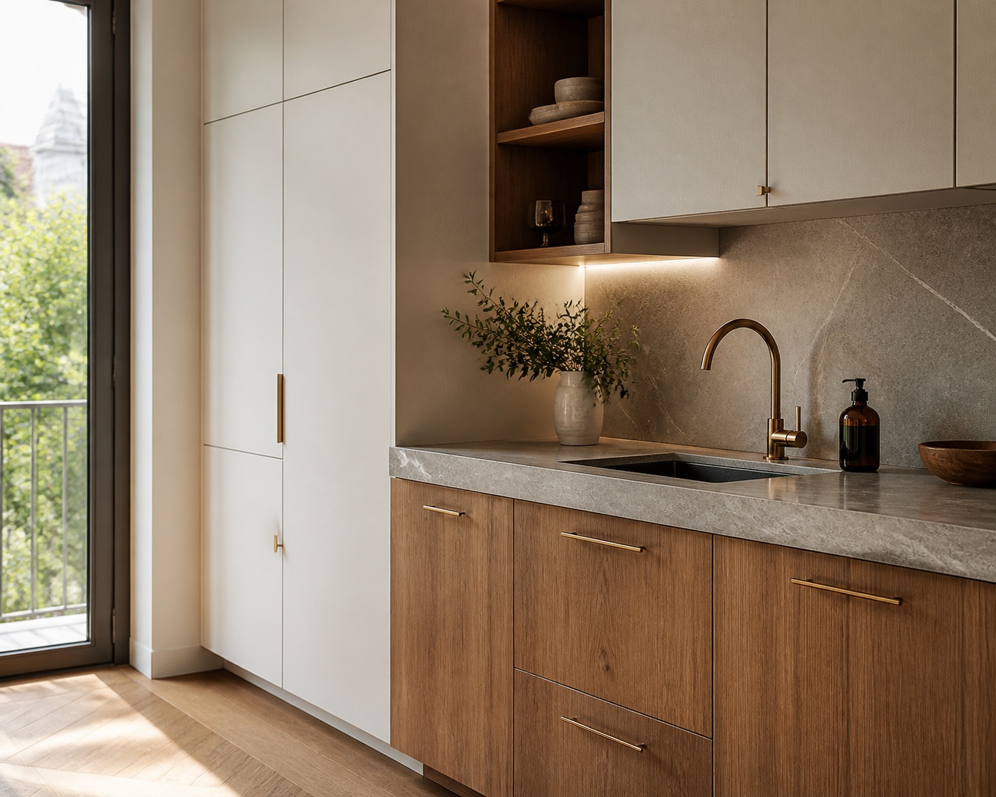 Refined kitchen joinery με φυσική πέτρα, δρυ και αρχιτεκτονικό φωτισμό